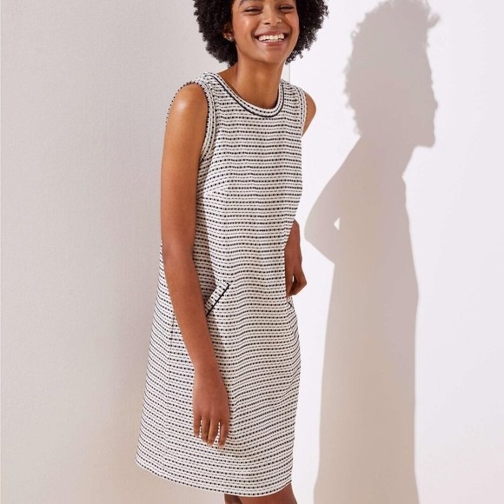 Black White Striped LOFT Textured Back-Button Sleeveless Shift Dress (NWT)